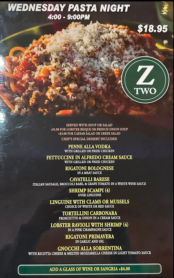 Wednesday Pasta Night at Z-Two Diner & Lounge
